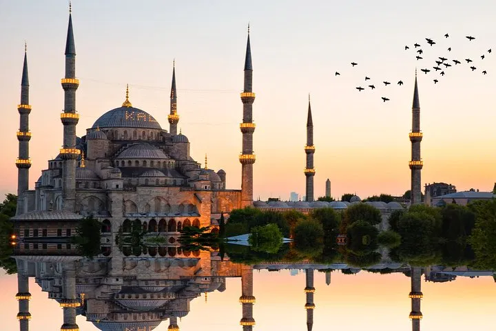 Blue Mosque reflected at sunset in Istanbul