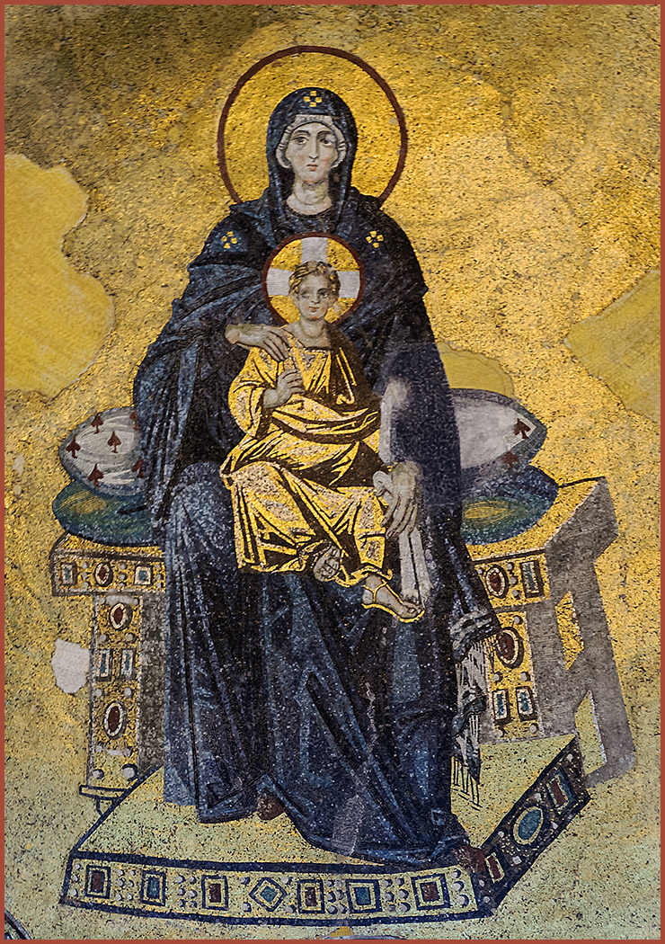 Virgin Mary and Christ Child Apse Mosaic in Hagia Sophia with golden background